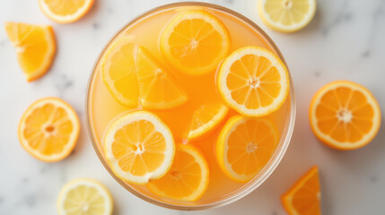 Fototapeta premium Freshly squeezed orange juice with vibrant slices of oranges floating on top, creating refreshing and inviting drink
