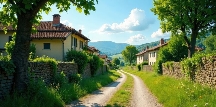 Borgo collinare con vigneti e una strada storta, arbusti, verde, cielo