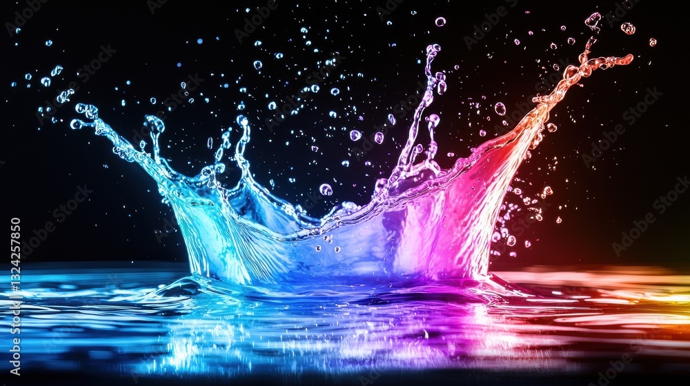 Poster a vibrant splash of water illuminated with colorful lights against a dark background creates a strik