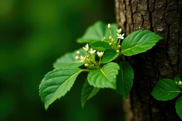 Branch of Acmella oleracea with small white flowers and green leaves on a natural tree trunk, foliage, green