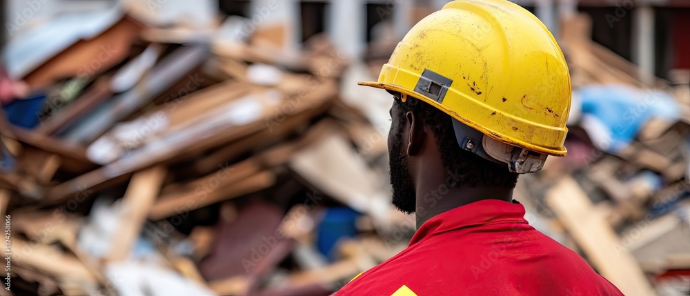 Poster a construction worker in a yellow helmet observes a scene of debris and rubble, emphasizing the chal