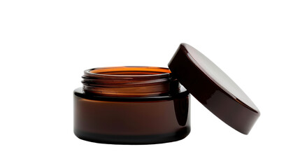 Open brown glass cosmetic jar with transparent background