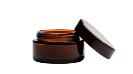 Open brown glass cosmetic jar with transparent background
