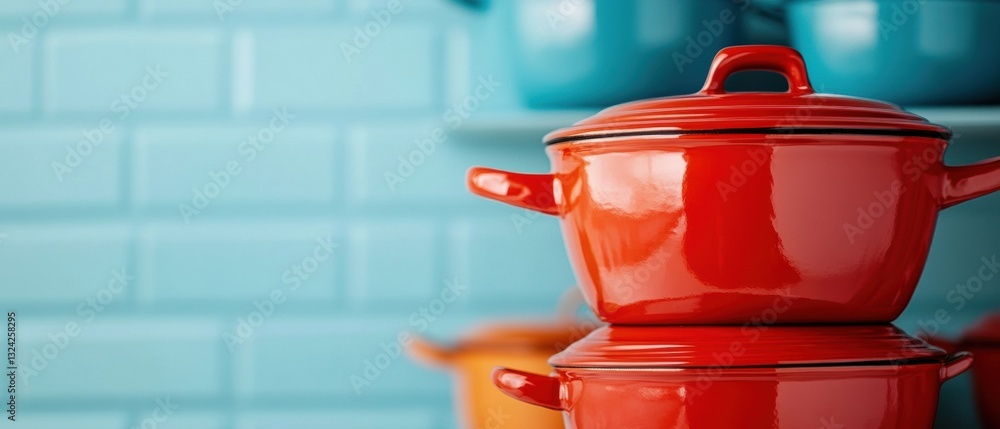 Poster minimalist kitchen revolution vibrant red stackable cookware redefining urban culinary storage with 