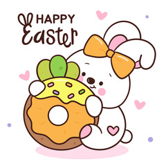 Fototapeta premium cute bunny easter rabbit hug donut carrot kawaii animal spring card