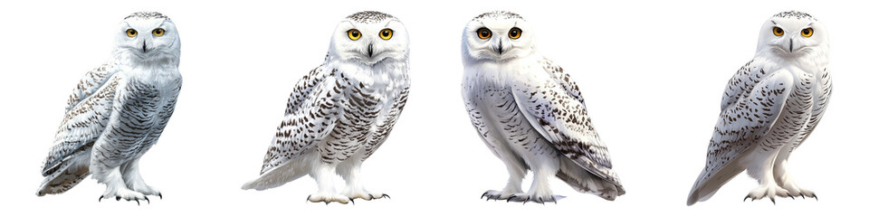 Fototapeta premium Four majestic snowy owls perched in a row, showcasing their stunning white feathers.
