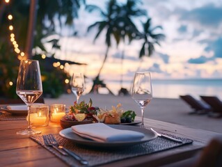 Elegant beachfront dining experience at sunset with delicious dishes and candles