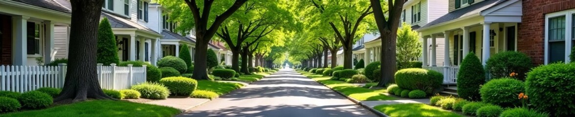 Fototapeta premium Tree-lined residential street with charming colonial homes, picket fences and gardens, landscaping, quaint, lush greenery