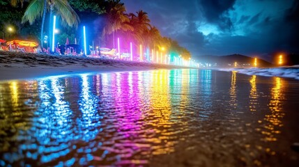 Vivid Night Beach Scene with Colorful Lights and Reflective Water