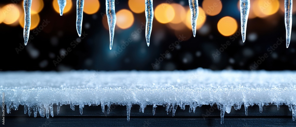 Poster a close-up view of icicles hanging over a snowy surface, with soft bokeh lights in the background, c