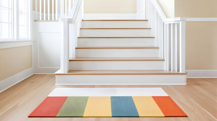 Colorful runner rug in a light-filled hallway with white stairs