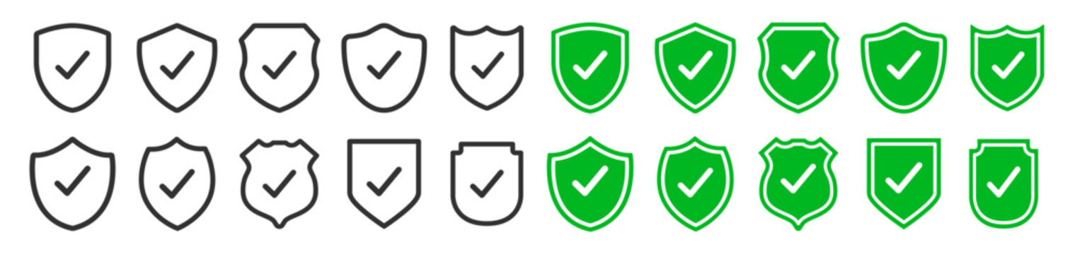 Set of security shield icons, security shields logotypes with check mark and padlock isolated on transparent. Shield security icon. Safety protection sign