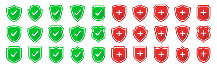 Set of security shield icons, security shields logotypes with check mark and padlock isolated on transparent. Shield security icon. Safety protection sign