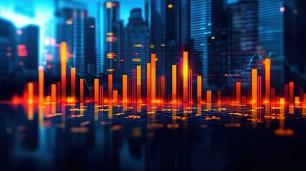 Visual representation of city skyline and vibrant financial data illustrating market trends and growth over time