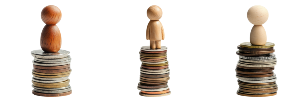 Three wooden figures stand on stacks of coins, representing financial growth and investment.