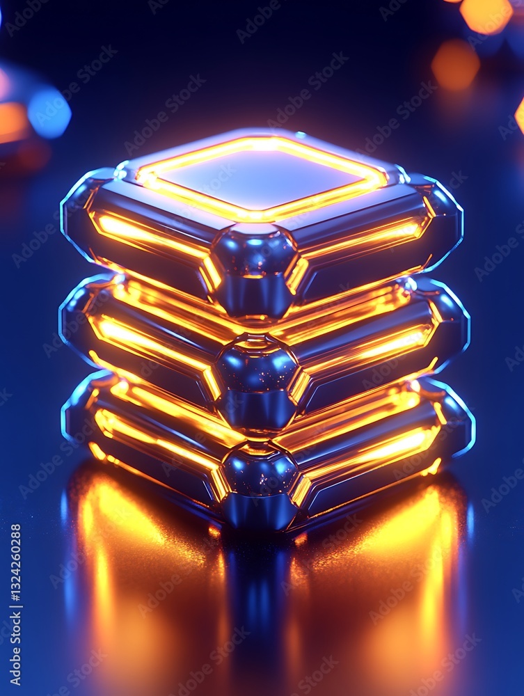 Poster illuminated sci-fi structure with stacked glowing blocks in futuristic set