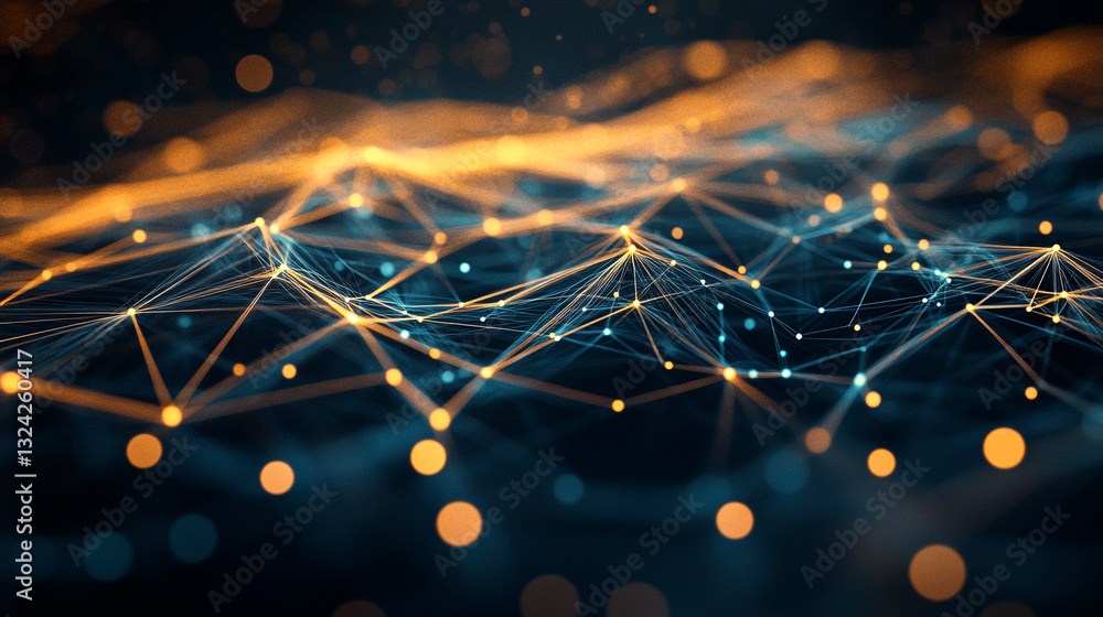 Poster abstract network digital data connection orange blue technology background web dots lines nodes
