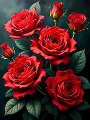 Obraz premium Vibrant Red Roses with Lush Green Leaves in a Beautiful Arrangement