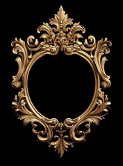 Gold ornate frame, rococo style, black background, design element