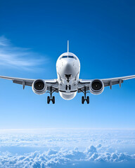 Commercial jet plane soaring above fluffy clouds