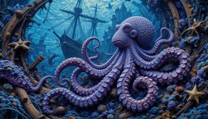 Fototapeta premium Majestic Octopus in Ocean Wreckage Digital Art of Underwater Scene with Sunken Ship