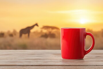 A vibrant red mug sits on a wooden table against a serene sunset backdrop, with a giraffe silhouetted in the distance.