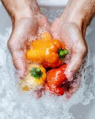 Hyper-Clean Culinary Wellness Mindful Food Safety Ritual with Vibrant Organic Peppers - Next-Gen Hygiene and Sustainable Kitchen Practices