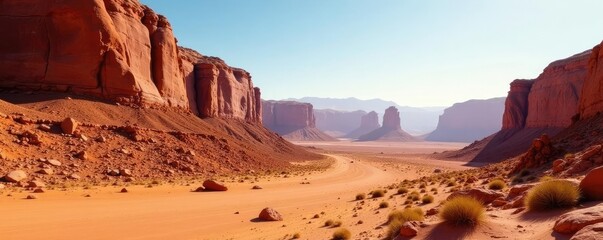 Desert landscape with red rock layers exposed, geological formation, natural wonder, earthy tones