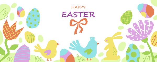 Happy Easter horizontal banner on white background. Cut out chickens, bunny, flowers and Easter eggs. Greeting card, poster, holiday cover, ads, print. Vector illustration in minimalist style.