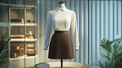Elegant Women s Off White Blouse and Brown A Line Skirt Outfit on Mannequin Display