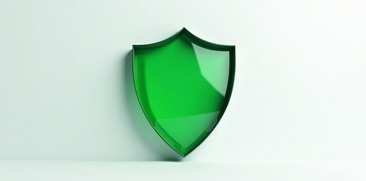 Vibrant green shield icon with glossy sheen on white background, protection, symbol, emblem