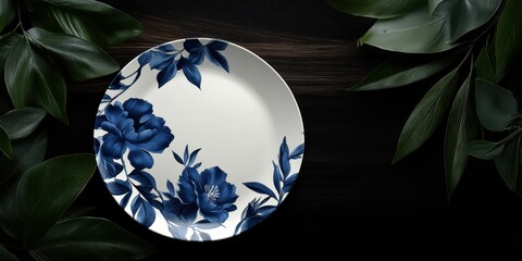 Elegant Blue Floral Plate on Rustic Wooden Table Surrounded by Fresh Green Leaves for a Natural Dining Experience Generative AI