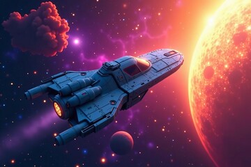 Vibrant spaceship flying through colorful nebula, galaxy, space, futuristic