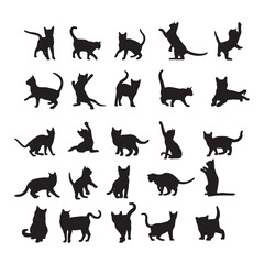 Set of Black Cat Silhouettes in Various Playful Poses On White Background