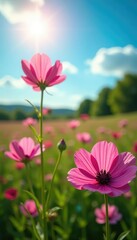 Field of pink musk mallow with a sunny sky and greenery, pink, summer flowers