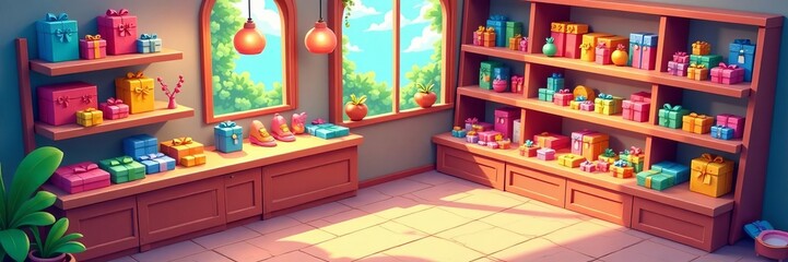 Fototapeta premium Vibrant vector isometric souvenir gift shop with colorful merchandise display, display, isometric, vibrant