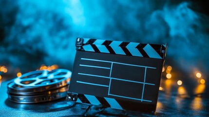 A movie clapperboard and film reel are shown.  There's space on the clapperboard for your message.
