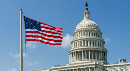 Capitol Hill Majesty: US Flag & Dome Against a Bright Blue Sky - A Symbol of American Democracy & Power