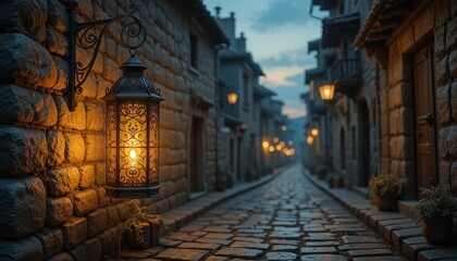 Fototapeta premium Illuminated Cobblestone Street at Dusk Romantic Old Town Lantern Light