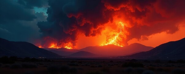 Fierce firestorm engulfs the landscape in darkness, engulfing, landscape, fierce