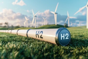 A pipe labeled "H2" lies on green grass, surrounded by wind turbines, symbolizing renewable energy and hydrogen technology.