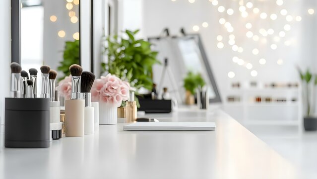 A modern beauty salon or makeup station with brushes, cosmetic products, flowers, and a bright, elegant atmosphere. Concept Modern Beauty Salon, Makeup Station Setup, Elegant Atmosphere