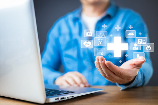 person interacts with a glowing digital healthcare interface, featuring medical icons, stethoscope, heart monitor, and prescription, symbol telemedicine, digital health, and medical innovation.