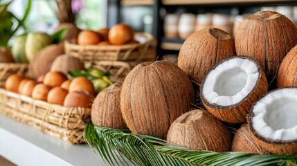 Coconut Packaging Eco-friendly Concept, Fresh Coconuts and Fruits Arranged on Eco-Friendly Palm Frond in Modern Tropical Decor