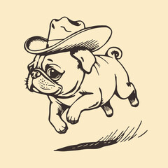 running pug wearing a cowboy hat, vintage dog sketch