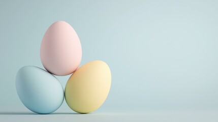 Painted pastel Easter eggs stacked on light blue backdrop, pink, yellow, and blue spring colors, seasonal holiday decoration, springtime symbol and decorative elements, copy space