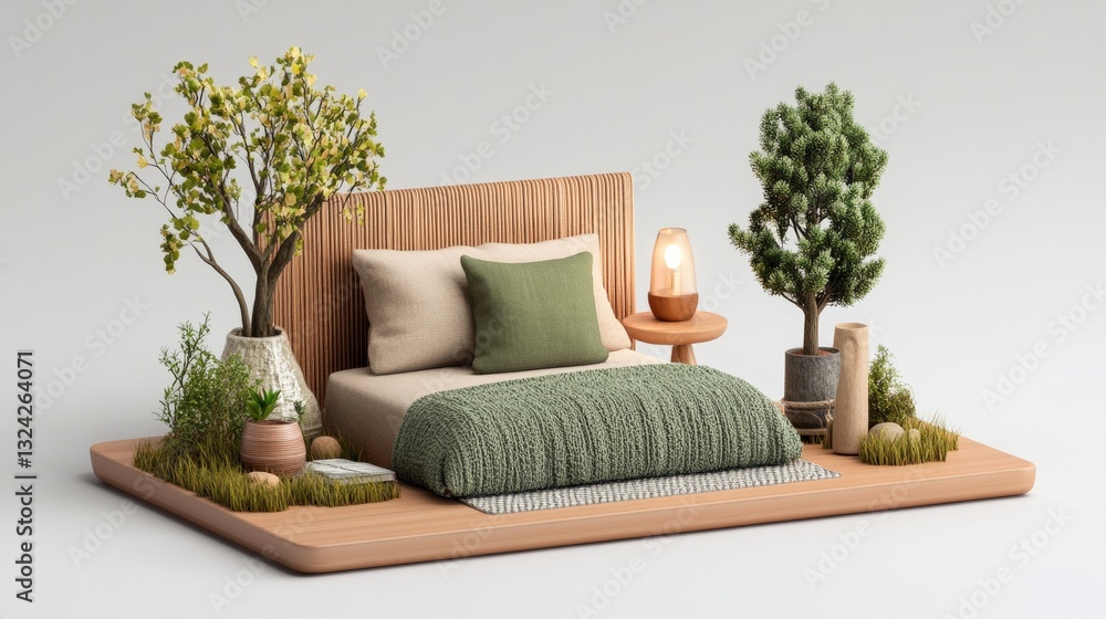 Poster inviting bed dressed with a green blanket and accompanied by a small tree adding freshness to the be