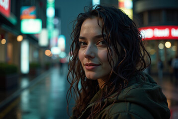 Obraz premium Portrait of a young woman with long dark hair, standing on a wet street at night.