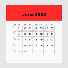 Letter calendar for June 2025. The week begins on Sunday. Time, planning, schedule concept, and includes notes. Flat design. Removable calendar for the month. Vector illustration.
