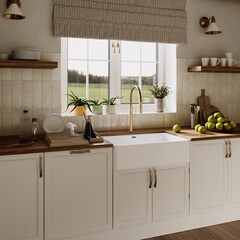 Fototapeta premium Classic kitchen interior with the color white. A large window by light curtains. The kitchen counter from light-colored wood. 3D illustration.